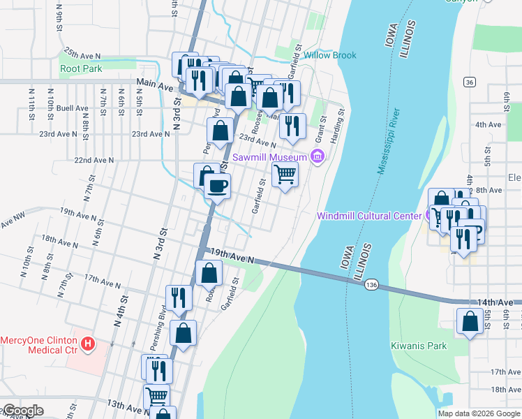 map of restaurants, bars, coffee shops, grocery stores, and more near 2021 Garfield Street in Clinton
