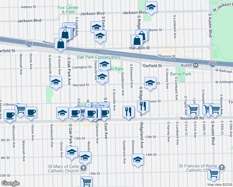 map of restaurants, bars, coffee shops, grocery stores, and more near 1124 South Scoville Avenue in Oak Park