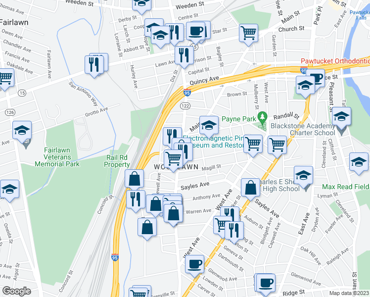 map of restaurants, bars, coffee shops, grocery stores, and more near 232 Sterry Street in Pawtucket