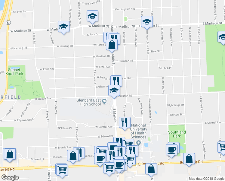 map of restaurants, bars, coffee shops, grocery stores, and more near 936 South Main Street in Lombard