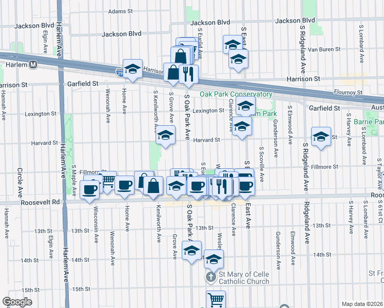 map of restaurants, bars, coffee shops, grocery stores, and more near 1122 South Oak Park Avenue in Oak Park