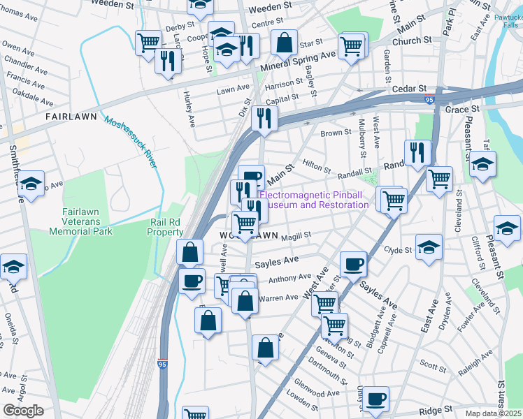 map of restaurants, bars, coffee shops, grocery stores, and more near 232 Sterry Street in Pawtucket