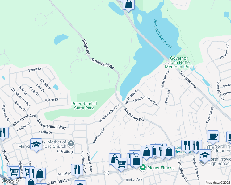 map of restaurants, bars, coffee shops, grocery stores, and more near Smithfield Road in Smithfield