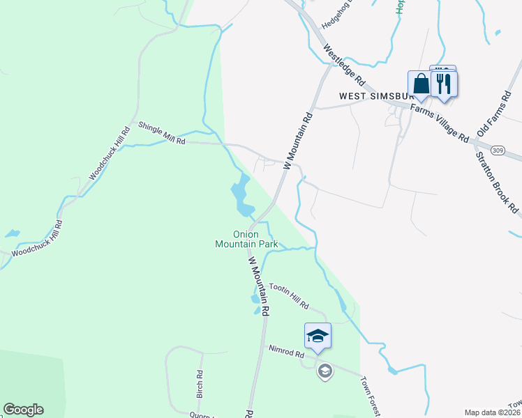 map of restaurants, bars, coffee shops, grocery stores, and more near 57 West Mountain Road in Simsbury