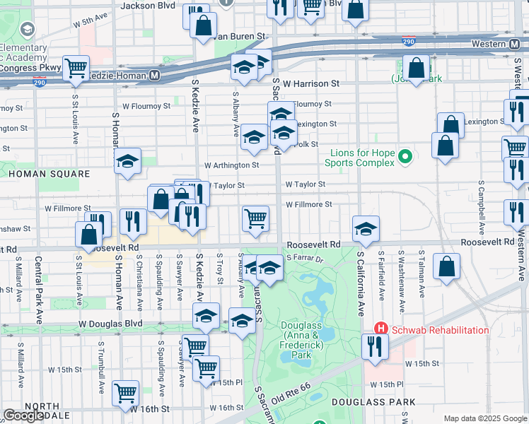 map of restaurants, bars, coffee shops, grocery stores, and more near 1107 South Whipple Street in Chicago