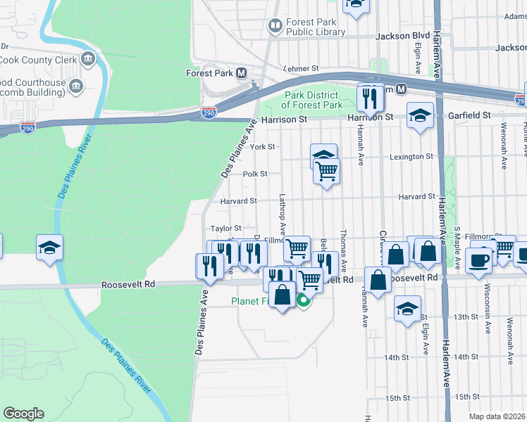 map of restaurants, bars, coffee shops, grocery stores, and more near 1011 Lathrop Avenue in Forest Park