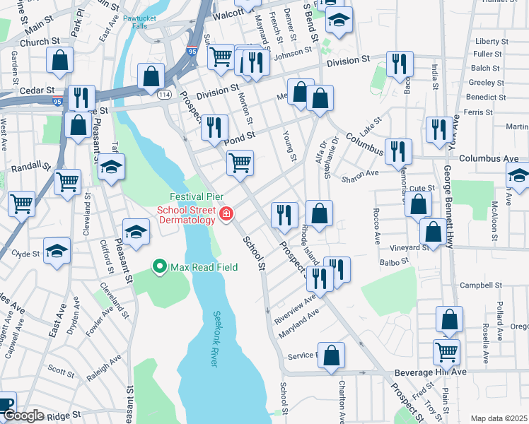 map of restaurants, bars, coffee shops, grocery stores, and more near 292 Prospect Street in Pawtucket