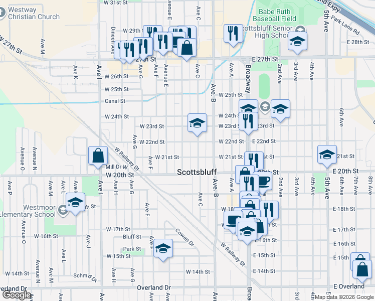 map of restaurants, bars, coffee shops, grocery stores, and more near 2109 Avenue D in Scottsbluff
