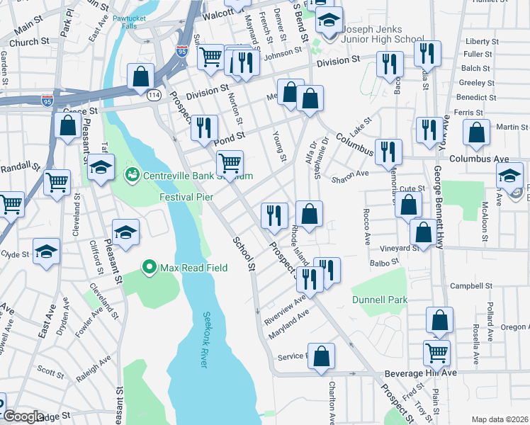 map of restaurants, bars, coffee shops, grocery stores, and more near 101 Linwood Avenue in Pawtucket