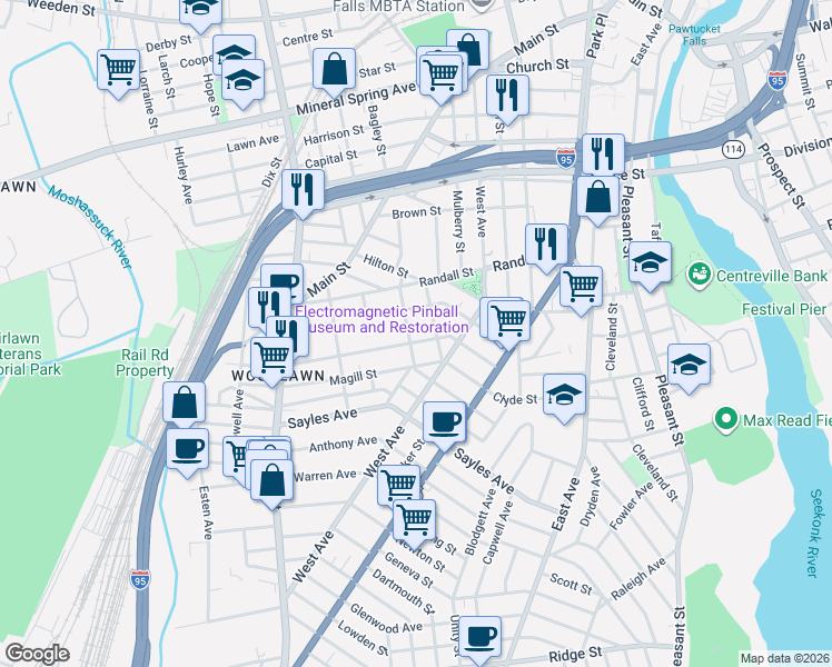 map of restaurants, bars, coffee shops, grocery stores, and more near 159 Dunnell Avenue in Pawtucket