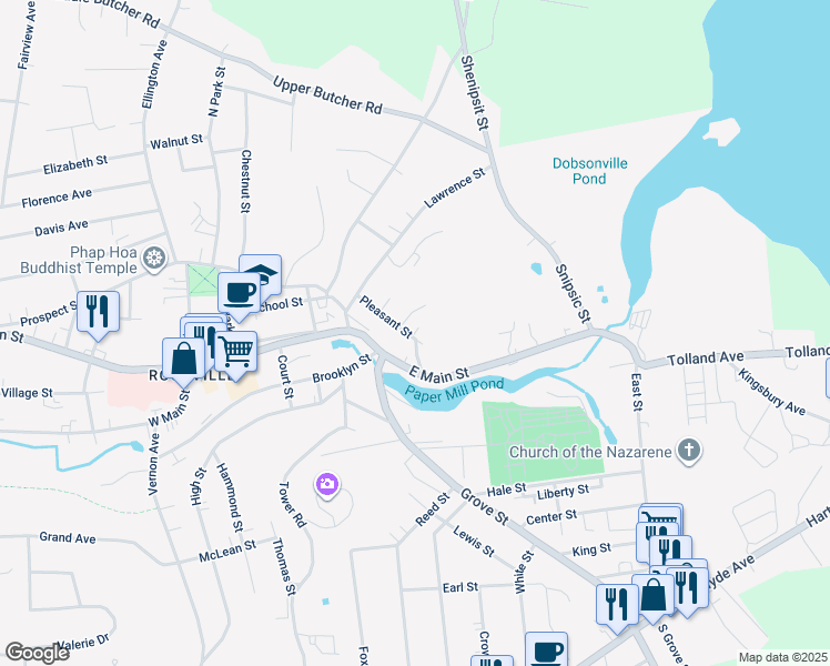 map of restaurants, bars, coffee shops, grocery stores, and more near 27 Pleasant Street in Vernon