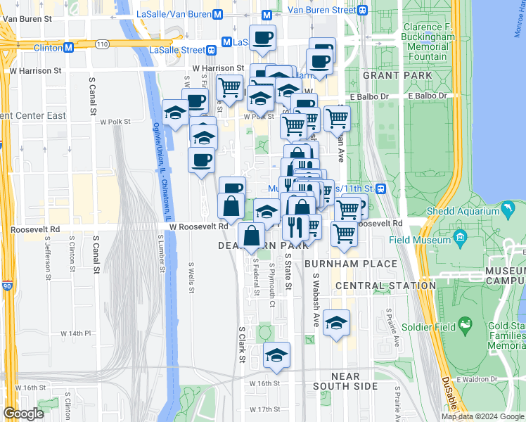 map of restaurants, bars, coffee shops, grocery stores, and more near 1172 South Plymouth Court in Chicago