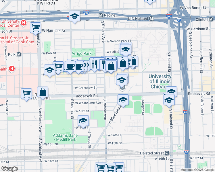 map of restaurants, bars, coffee shops, grocery stores, and more near 1204 West Grenshaw Street in Chicago