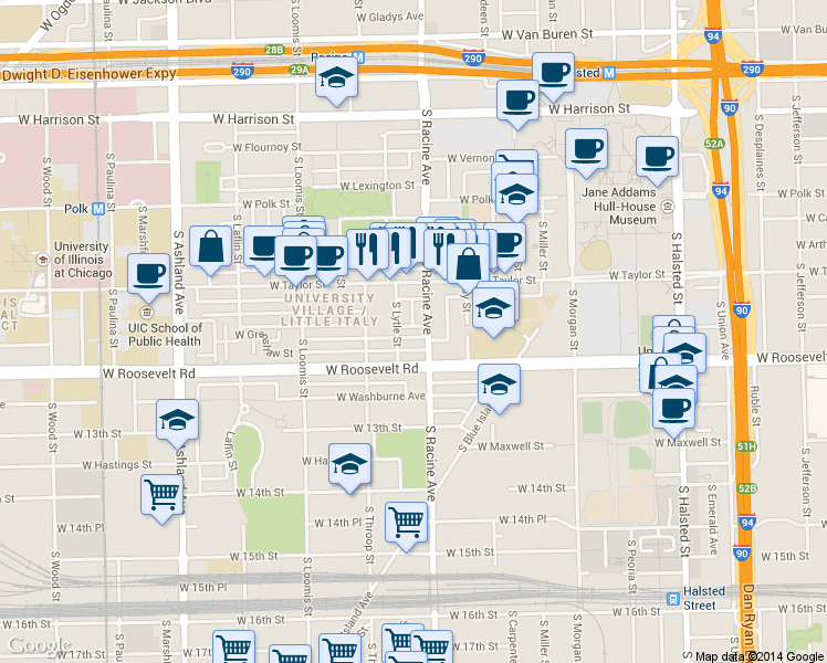 map of restaurants, bars, coffee shops, grocery stores, and more near 1204 West Grenshaw Street in Chicago