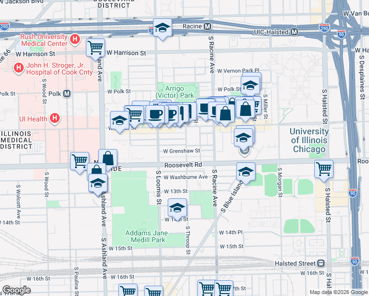map of restaurants, bars, coffee shops, grocery stores, and more near 1300 West Grenshaw Street in Chicago