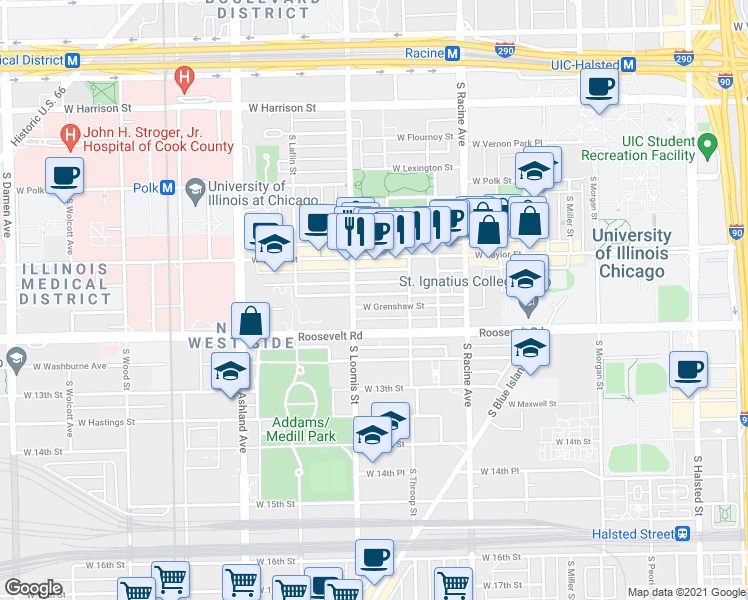 map of restaurants, bars, coffee shops, grocery stores, and more near 1318 West Grenshaw Street in Chicago