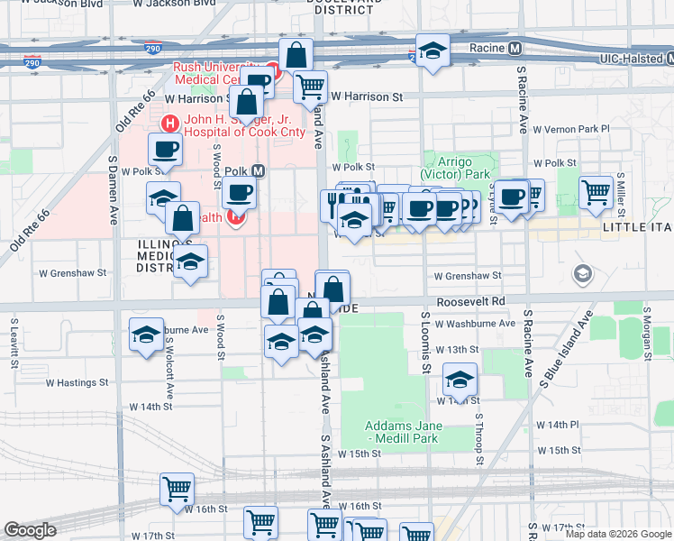map of restaurants, bars, coffee shops, grocery stores, and more near 1111 South Ashland Avenue in Chicago