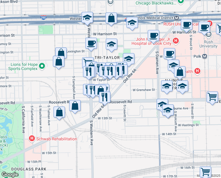 map of restaurants, bars, coffee shops, grocery stores, and more near 2242 South Ogden Avenue West in Chicago
