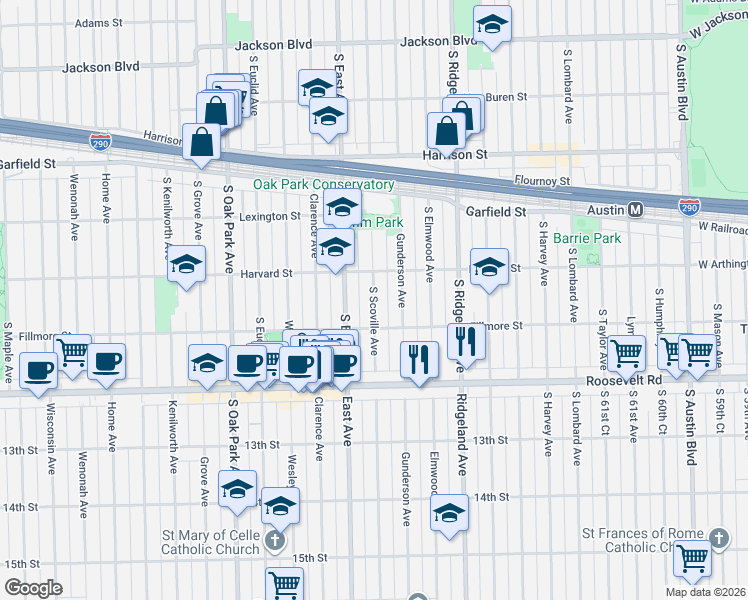 map of restaurants, bars, coffee shops, grocery stores, and more near 1124 South Scoville Avenue in Oak Park