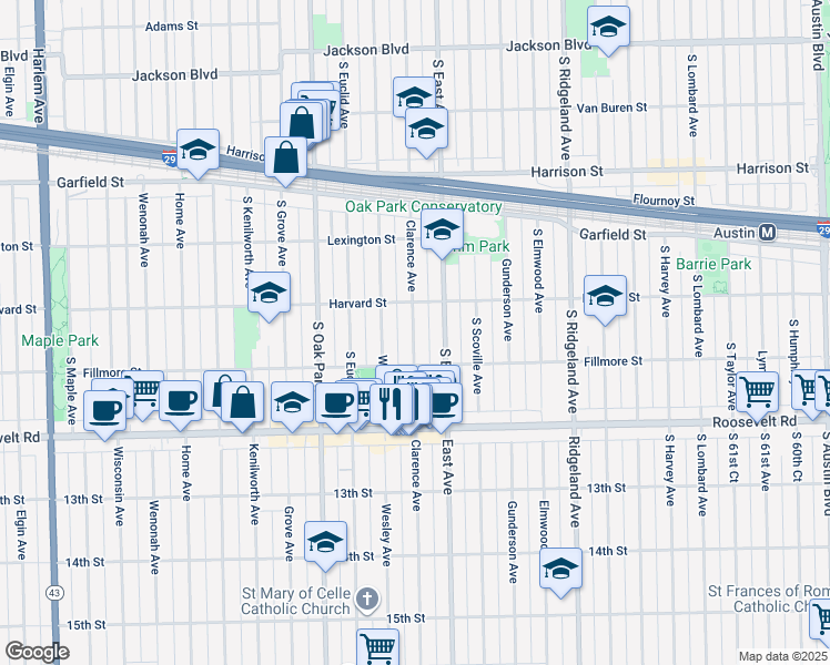 map of restaurants, bars, coffee shops, grocery stores, and more near 1123 Clarence Avenue in Oak Park