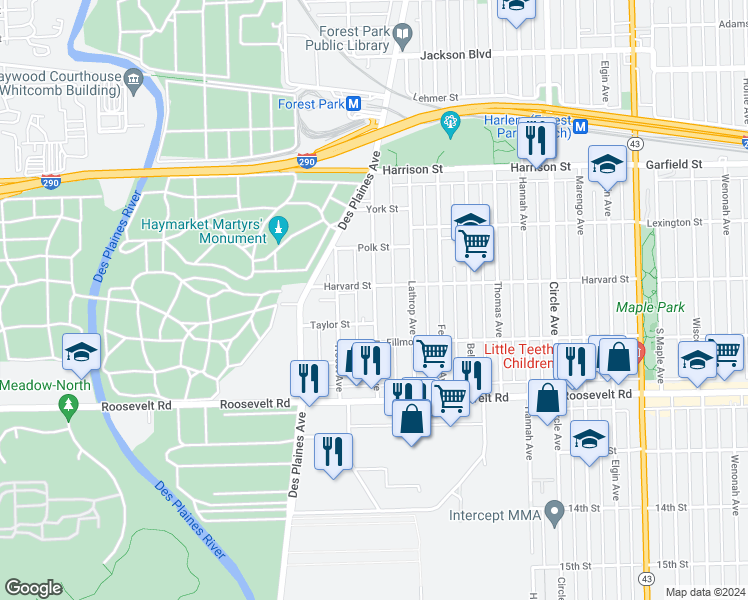 map of restaurants, bars, coffee shops, grocery stores, and more near 1011 Dunlop Avenue in Forest Park