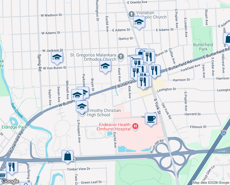 map of restaurants, bars, coffee shops, grocery stores, and more near 999 Euclid Avenue in Elmhurst