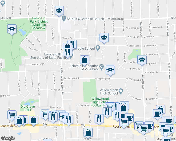 map of restaurants, bars, coffee shops, grocery stores, and more near 1141 East Addison Avenue in Lombard