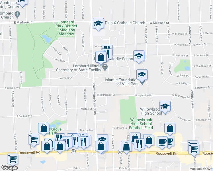 map of restaurants, bars, coffee shops, grocery stores, and more near 1049 East Wilson Avenue in Lombard