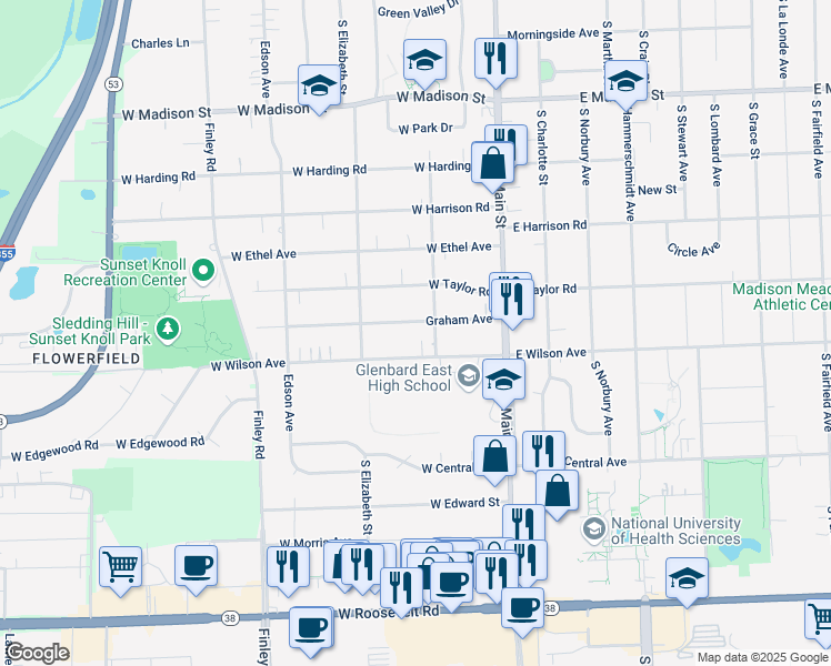 map of restaurants, bars, coffee shops, grocery stores, and more near 219 Graham Avenue in Lombard