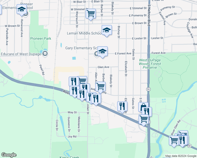 map of restaurants, bars, coffee shops, grocery stores, and more near 1029 Allen Ave in West Chicago