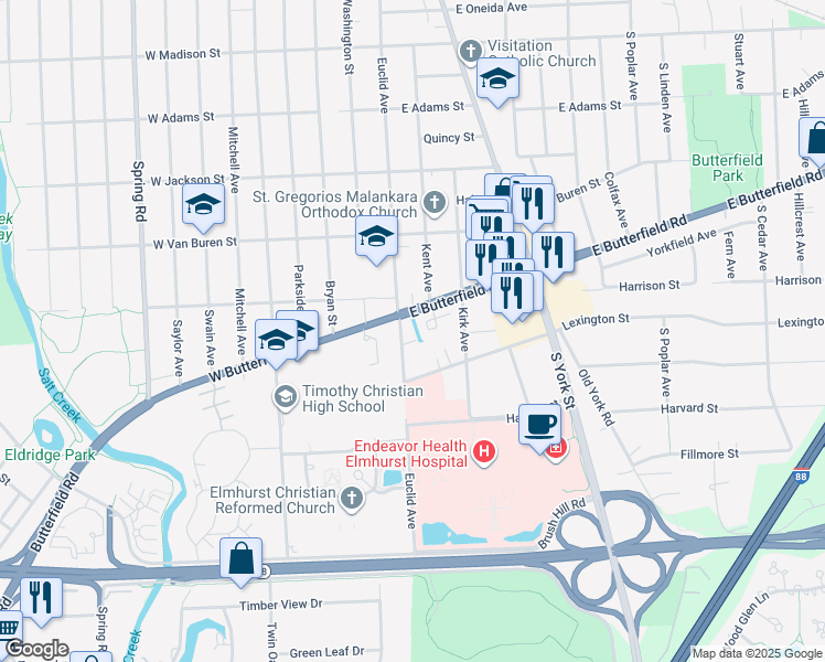 map of restaurants, bars, coffee shops, grocery stores, and more near 999 Euclid Avenue in Elmhurst