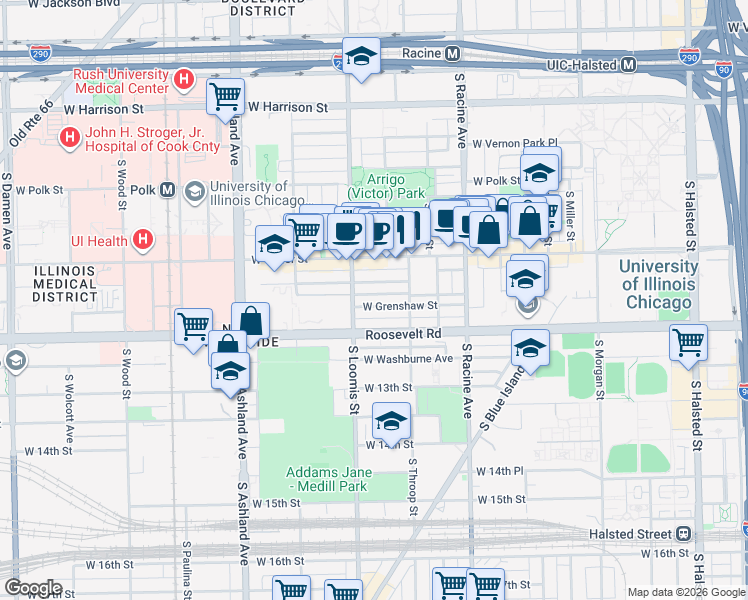 map of restaurants, bars, coffee shops, grocery stores, and more near 1318 West Grenshaw Street in Chicago