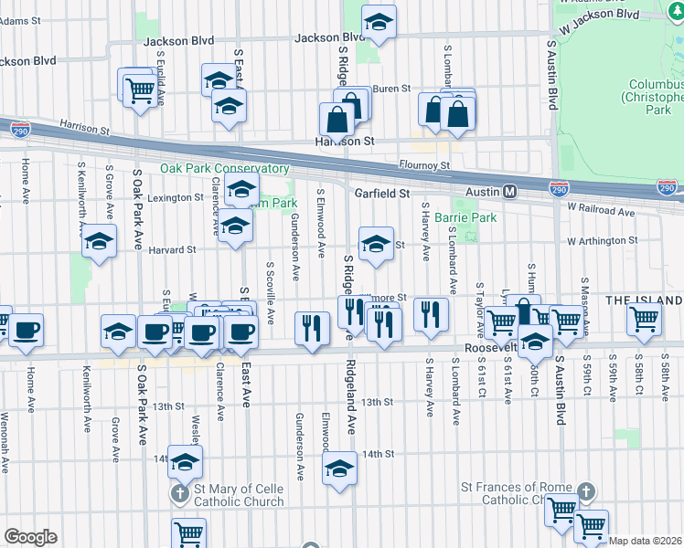 map of restaurants, bars, coffee shops, grocery stores, and more near 1125 South Ridgeland Avenue in Oak Park