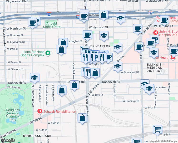 map of restaurants, bars, coffee shops, grocery stores, and more near 1115 South Western Avenue in Chicago