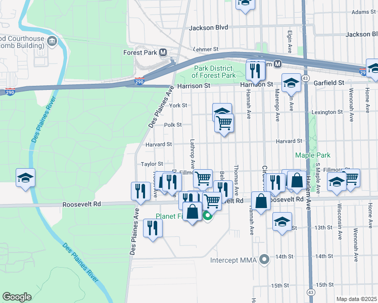 map of restaurants, bars, coffee shops, grocery stores, and more near 1011 Lathrop Avenue in Forest Park