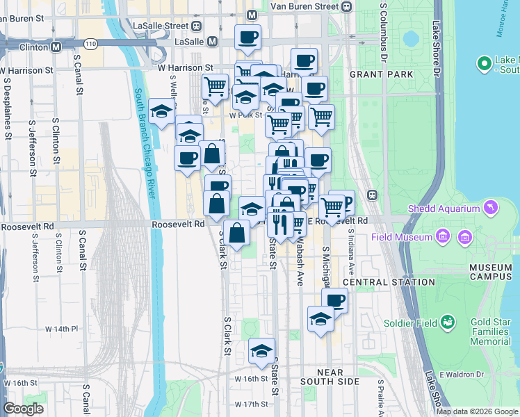 map of restaurants, bars, coffee shops, grocery stores, and more near 1163 South Plymouth Court in Chicago