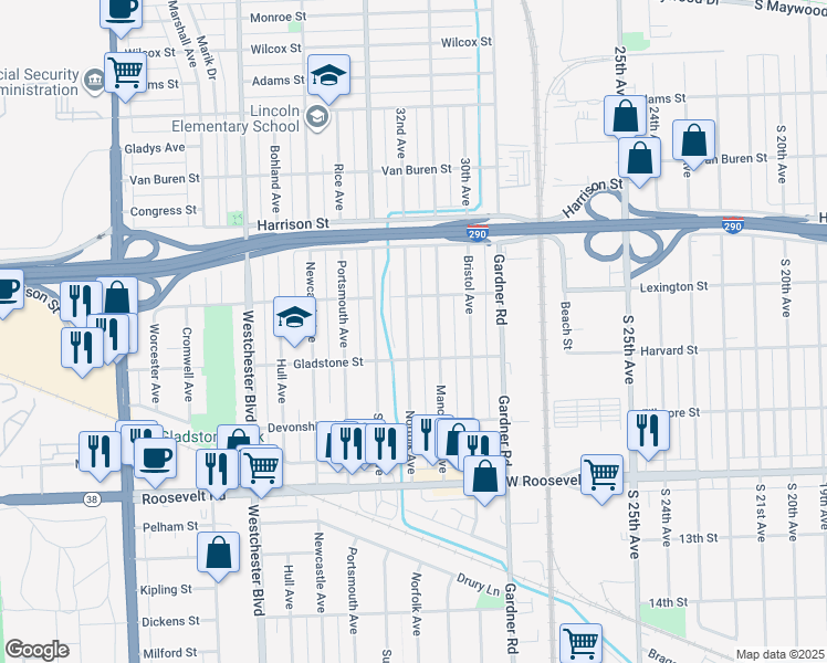 map of restaurants, bars, coffee shops, grocery stores, and more near 765 Norfolk Avenue in Westchester