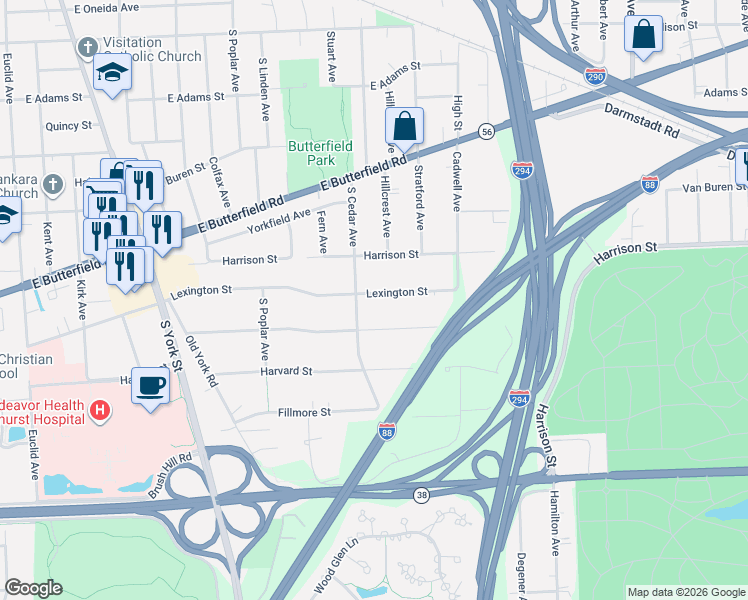 map of restaurants, bars, coffee shops, grocery stores, and more near 15W153 Lexington Street in Elmhurst