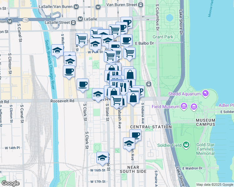 map of restaurants, bars, coffee shops, grocery stores, and more near 1140 South Wabash Avenue in Chicago