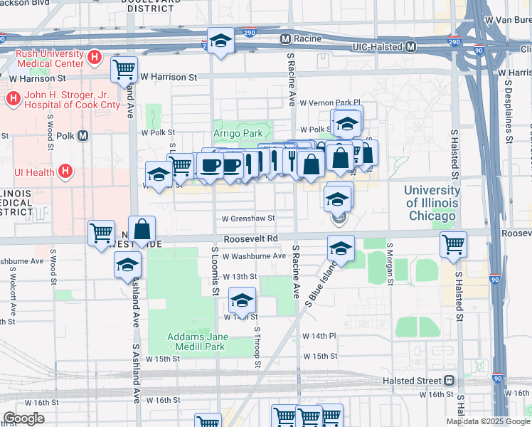 map of restaurants, bars, coffee shops, grocery stores, and more near 1122 South Lytle Street in Chicago