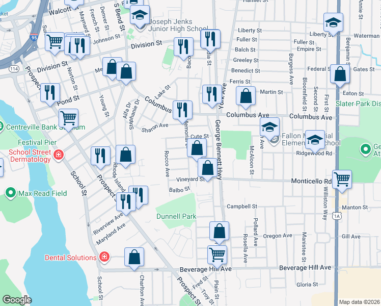 map of restaurants, bars, coffee shops, grocery stores, and more near 106 Memorial Drive in Pawtucket