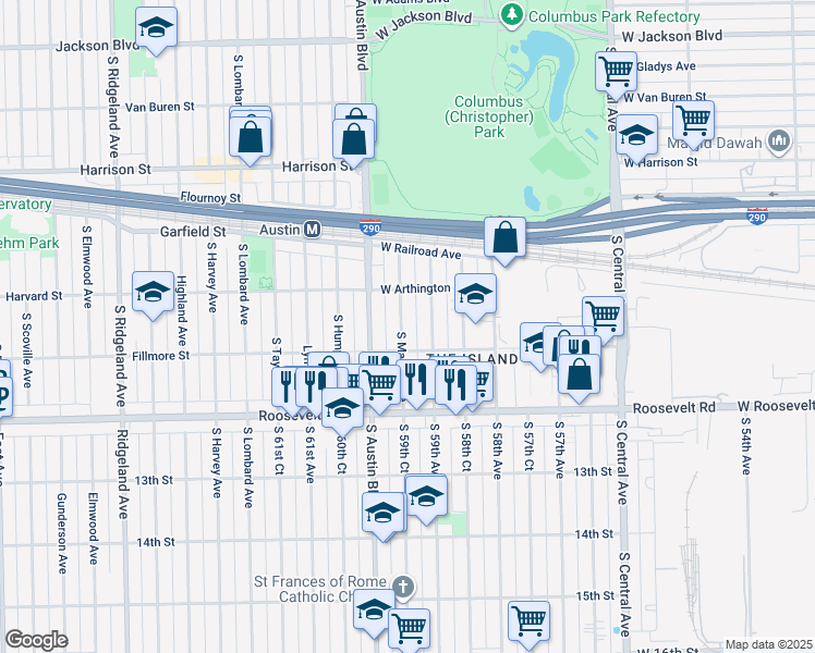 map of restaurants, bars, coffee shops, grocery stores, and more near 1037 South Mason Avenue in Chicago