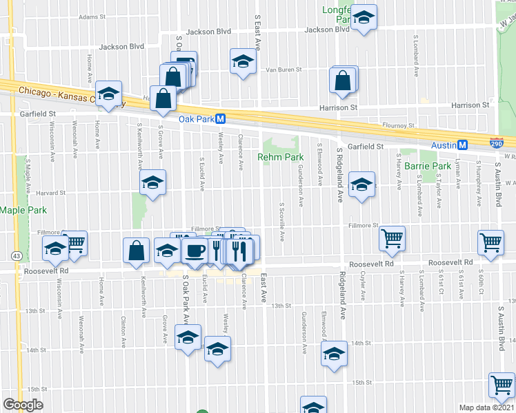 map of restaurants, bars, coffee shops, grocery stores, and more near 1123 South East Avenue in Oak Park