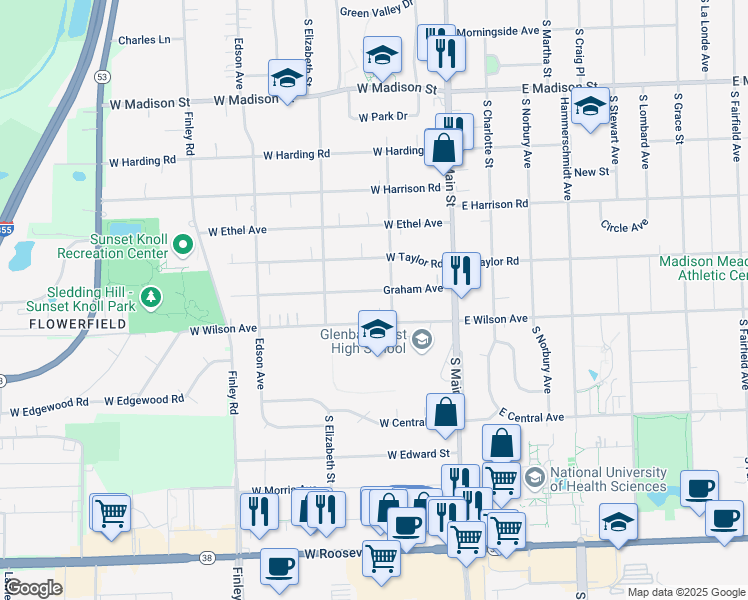 map of restaurants, bars, coffee shops, grocery stores, and more near 219 Graham Avenue in Lombard