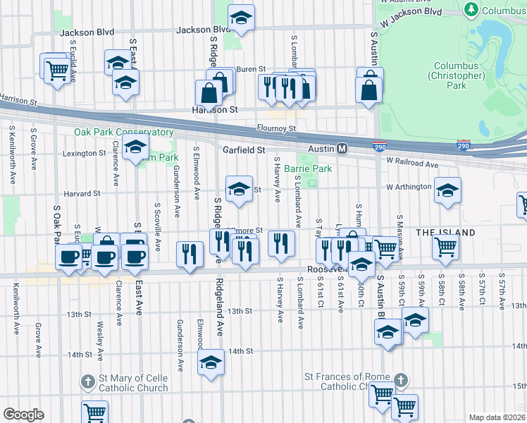 map of restaurants, bars, coffee shops, grocery stores, and more near 1126 Highland Avenue in Oak Park