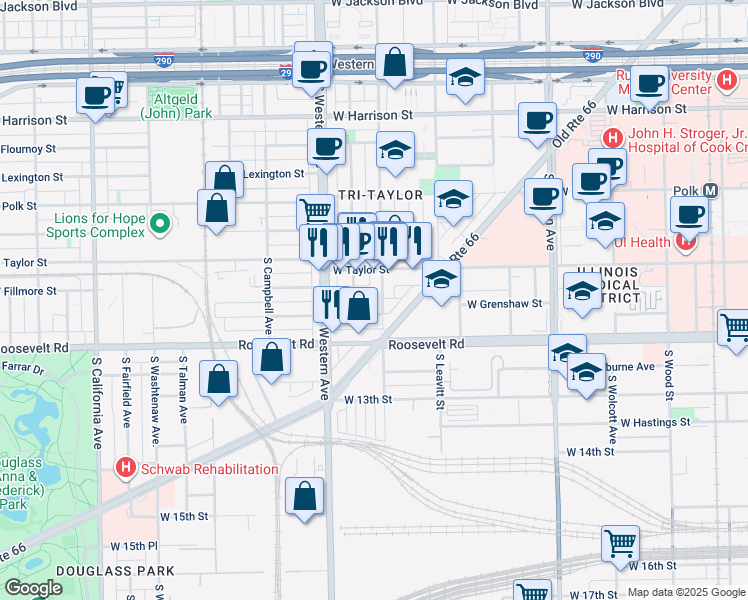 map of restaurants, bars, coffee shops, grocery stores, and more near 1032 South Oakley Boulevard in Chicago