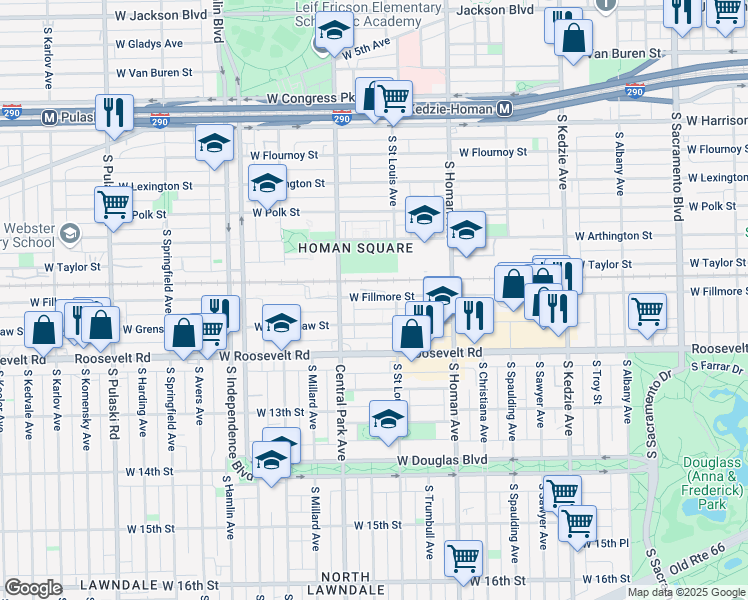 map of restaurants, bars, coffee shops, grocery stores, and more near 3519 West Fillmore Street in Chicago