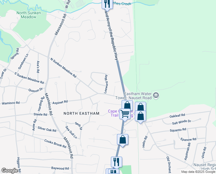 map of restaurants, bars, coffee shops, grocery stores, and more near 60 Leeward Way in Eastham