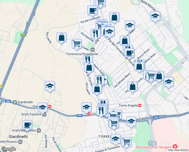 map of restaurants, bars, coffee shops, grocery stores, and more near 46 Via Vittorio Rossi in Roma