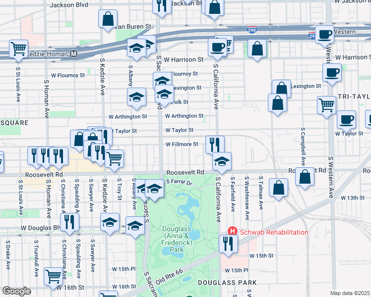 map of restaurants, bars, coffee shops, grocery stores, and more near 1106 South Francisco Avenue in Chicago